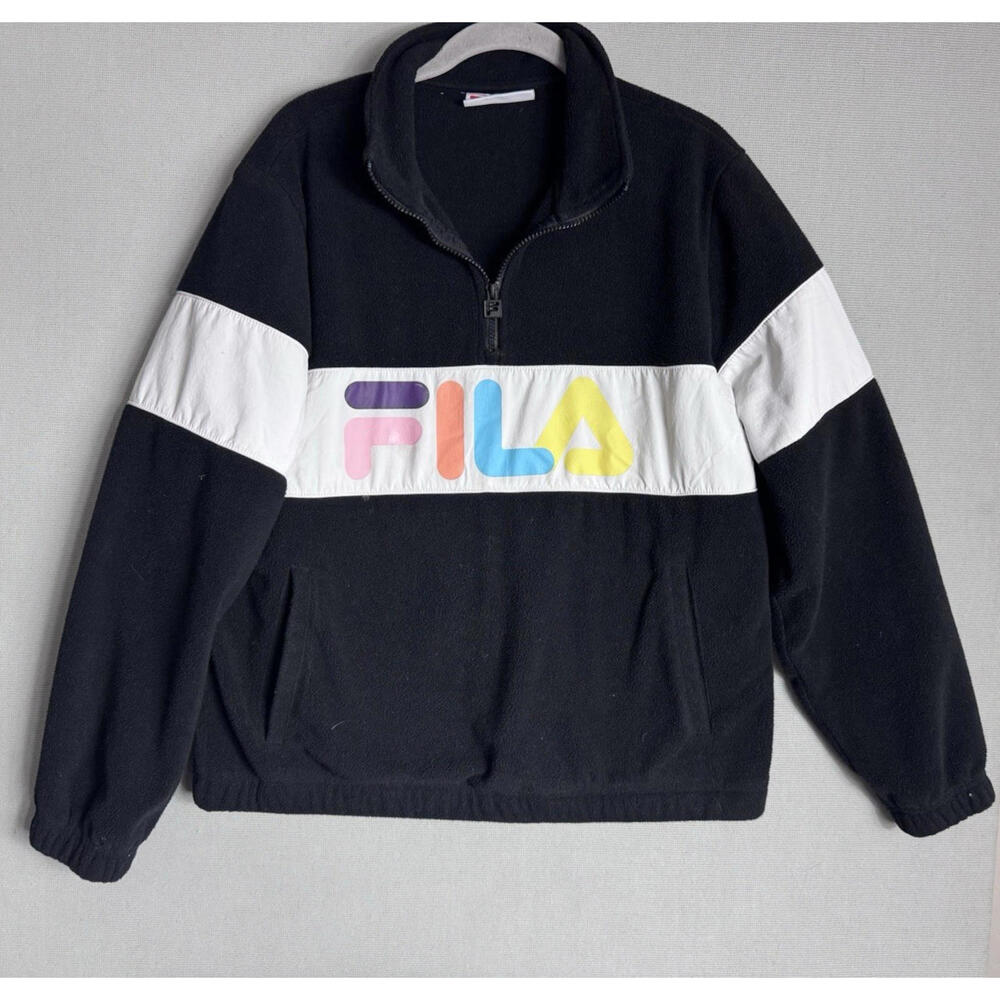 FILA Women's Fleece Spell out Retro 90's quarter zip Black White